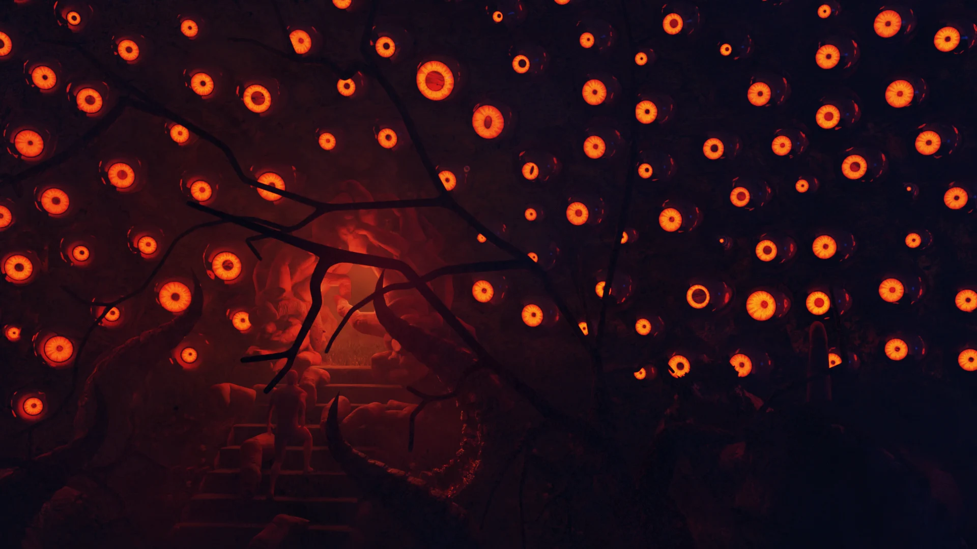 Grey-box — side perspective of staircase and creature gate with demonic tendrils