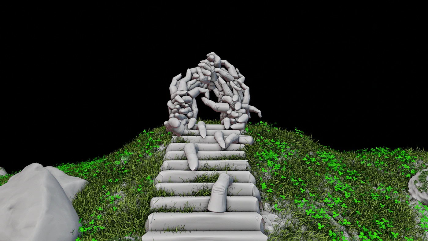 Grey-box — ground-level view of stairs leading up to the creature arch gate