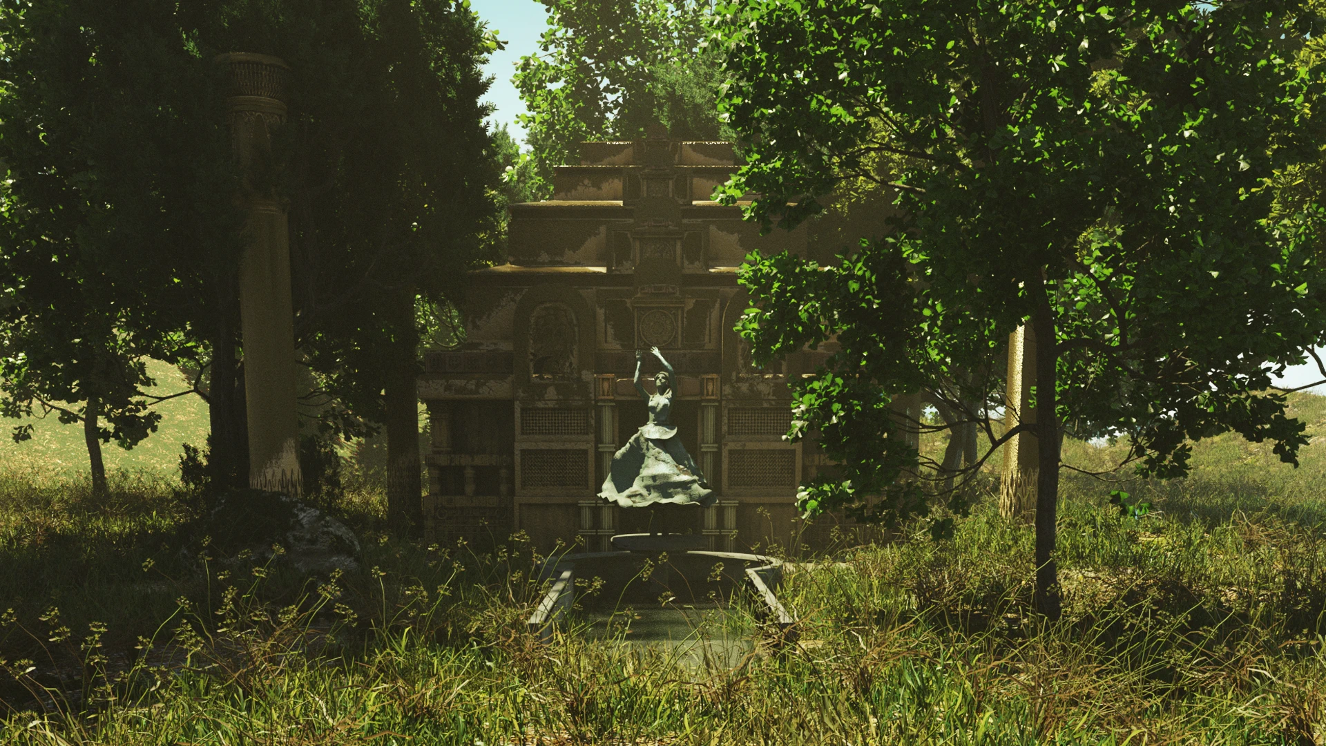 Full render of the Enchanted Forest shrine — stone temple building with dancer statue in sunlit forest clearing