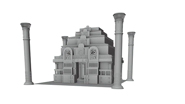 Grey-box blockout of the shrine building — column placement and facade proportions