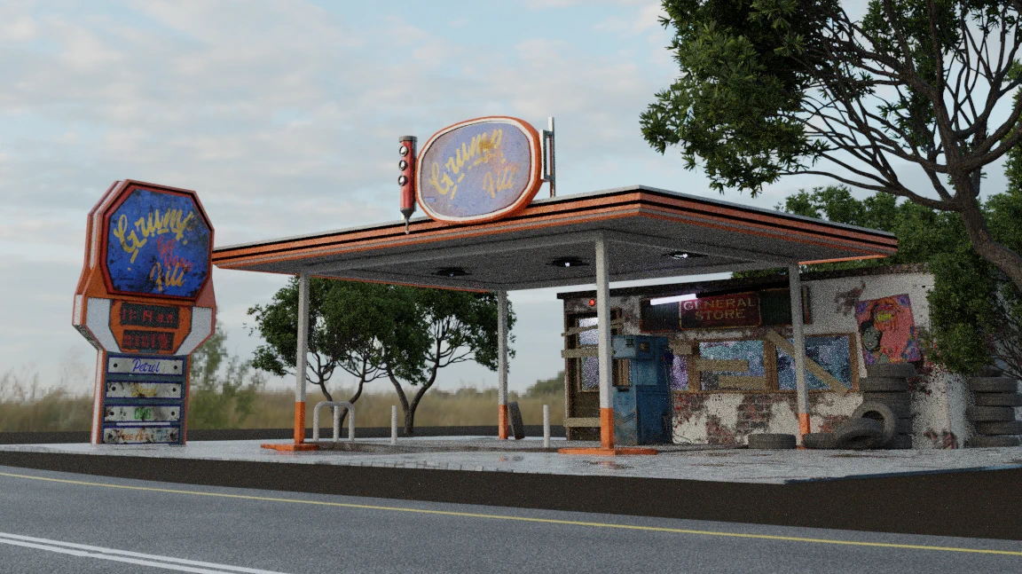 Gas Station — blockout with early material pass applied