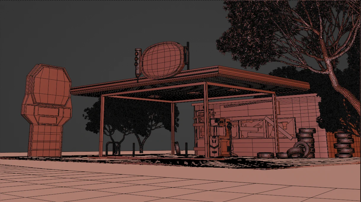 Gas Station — scene blockout without materials