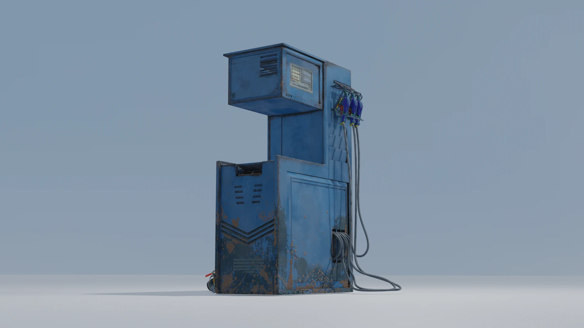 Sci-fi electric pump prop — blue metallic unit with cable rigging