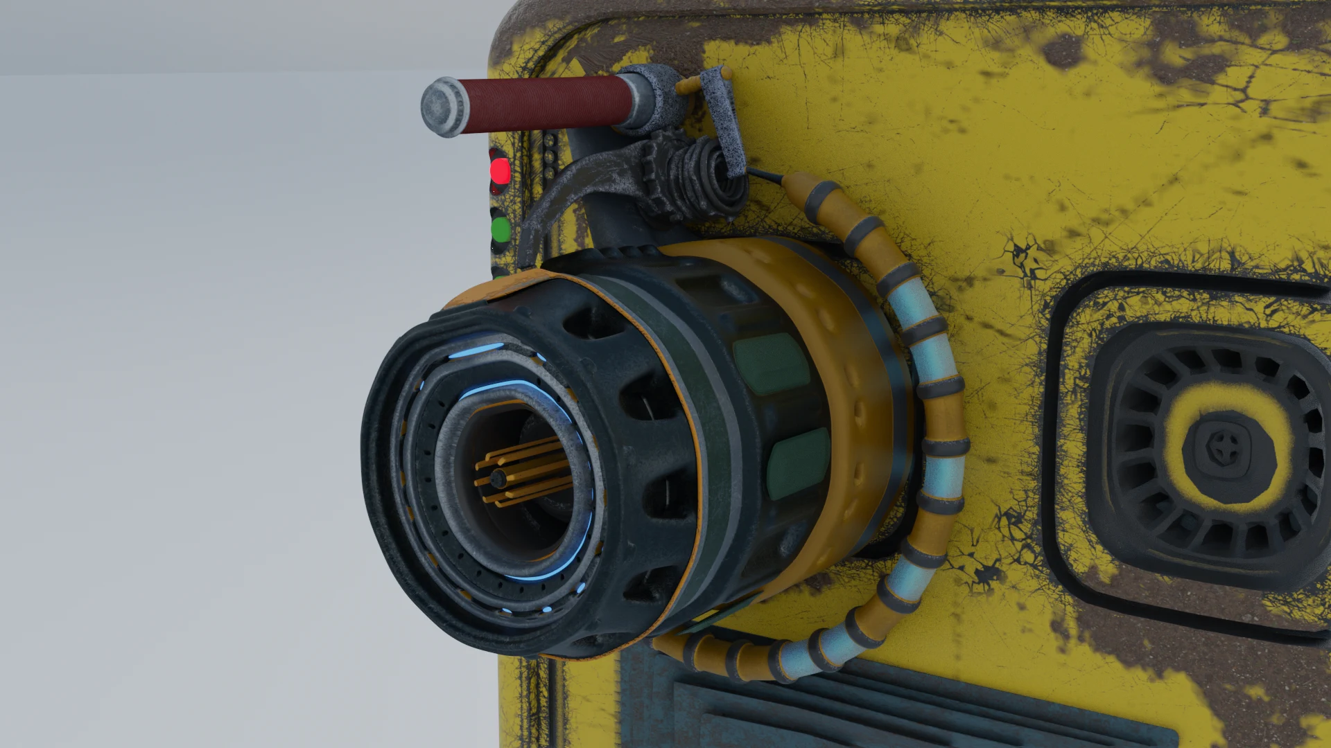 Yellow electric charger — plugged-in connector detail, machined mechanical design