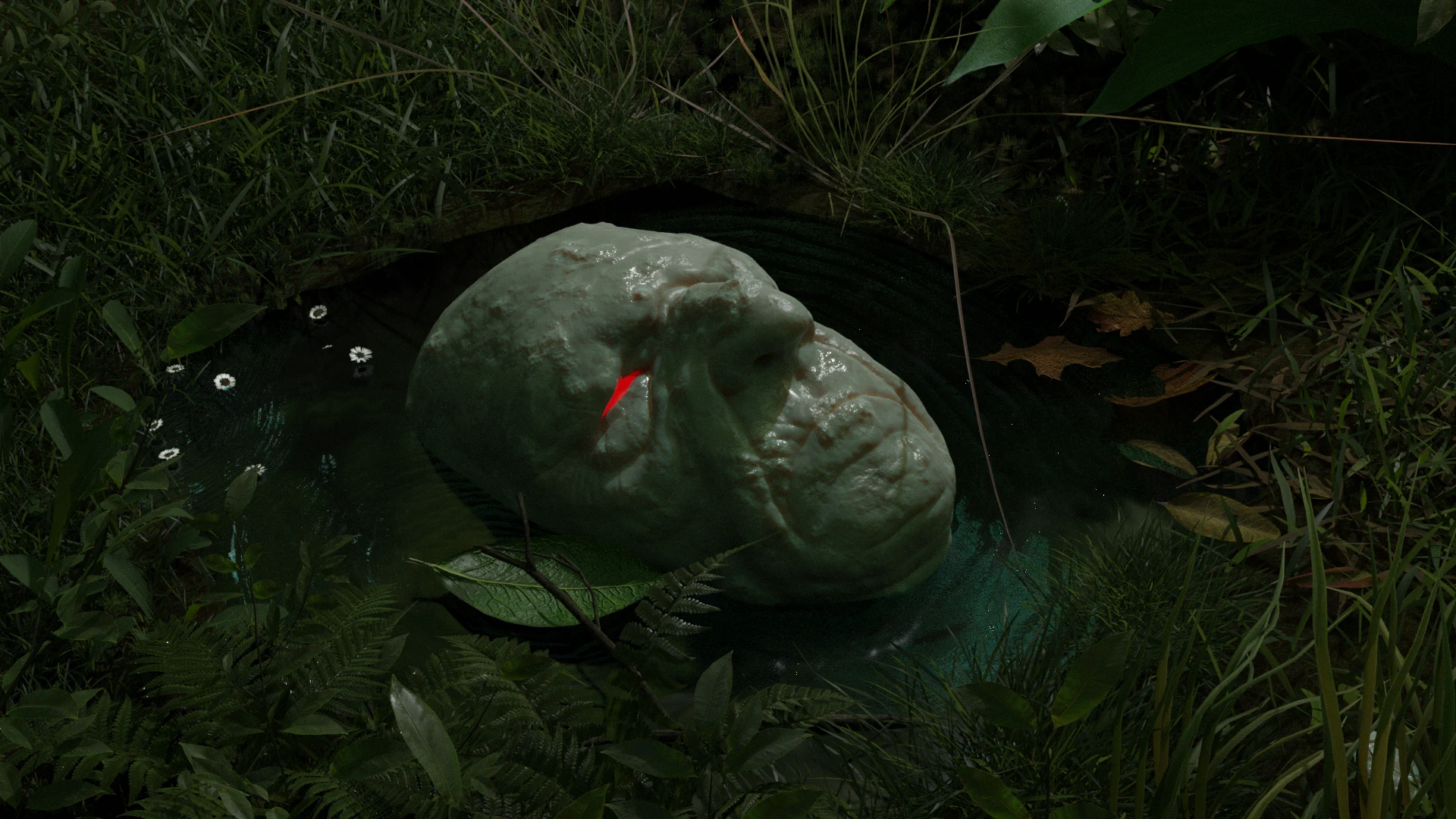 Stone deity face half-submerged in dark water, surrounded by dense moss and fern vegetation