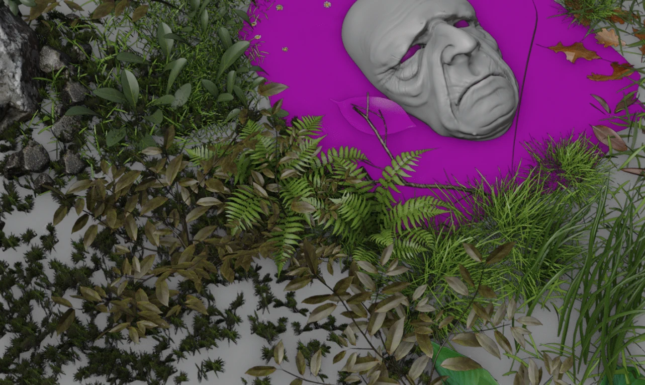 Editor view — foliage scatter layout with face model and grass instance arrangement visible