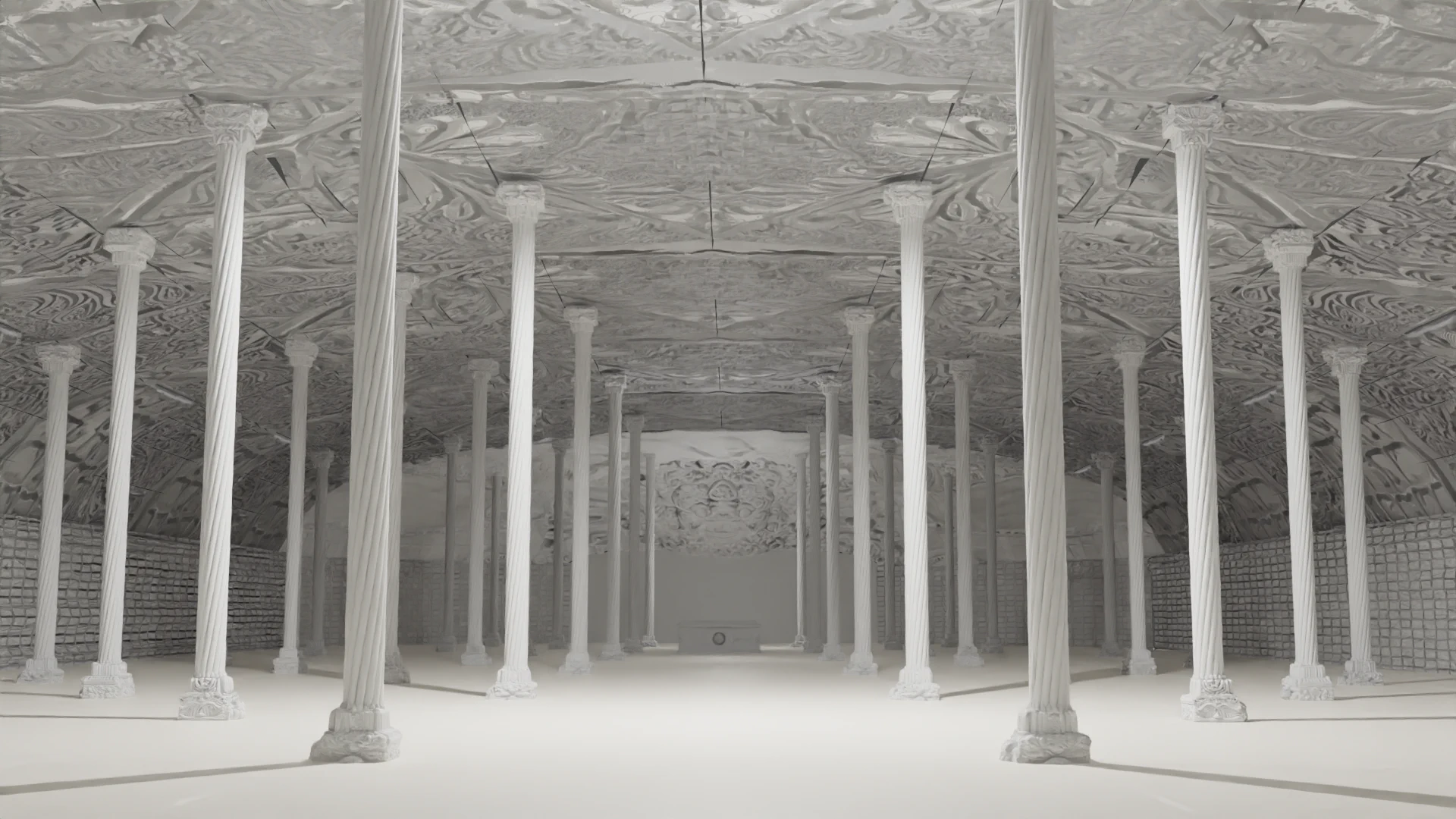 White render of temple interior — long colonnade with Corinthian columns and carved ceiling