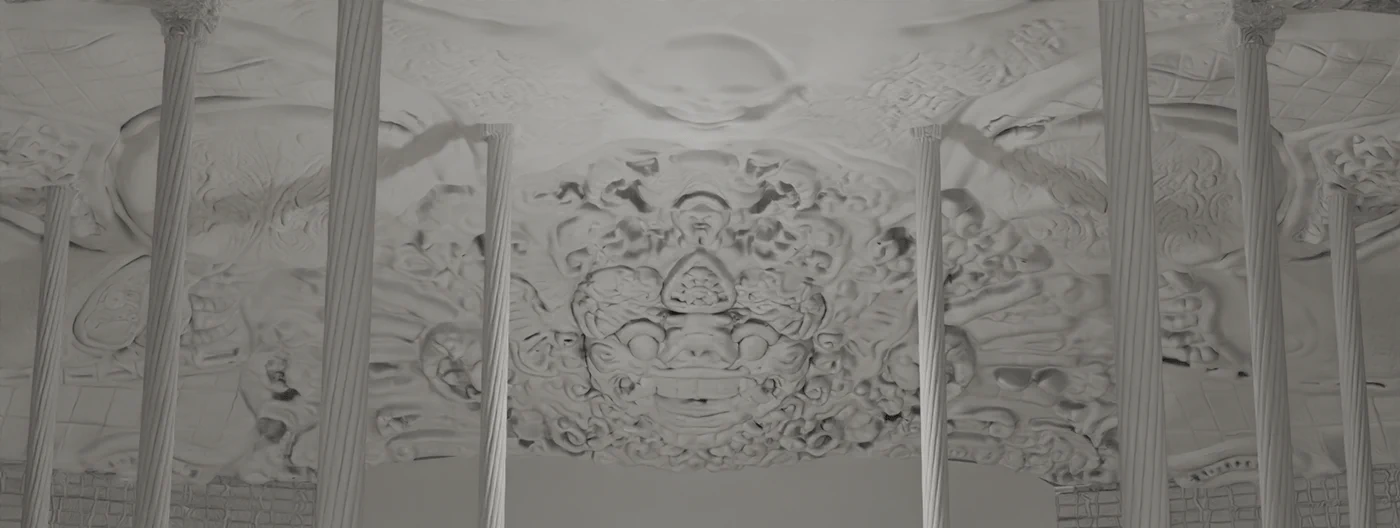 Temple — carved ceiling panel close-up with heraldic medallion detail