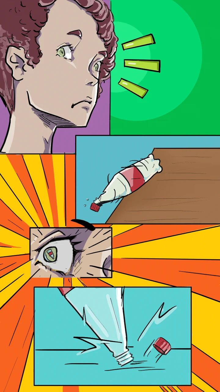 Panel 1 — ketchup bottle spill, dramatic action cuts