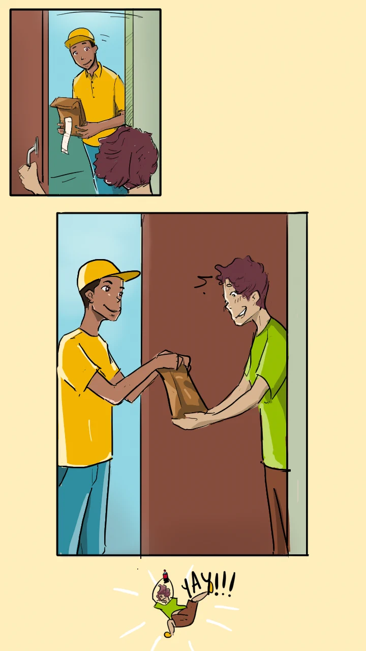 Panel 4 — Blinkit delivery arrives, YAY!!!