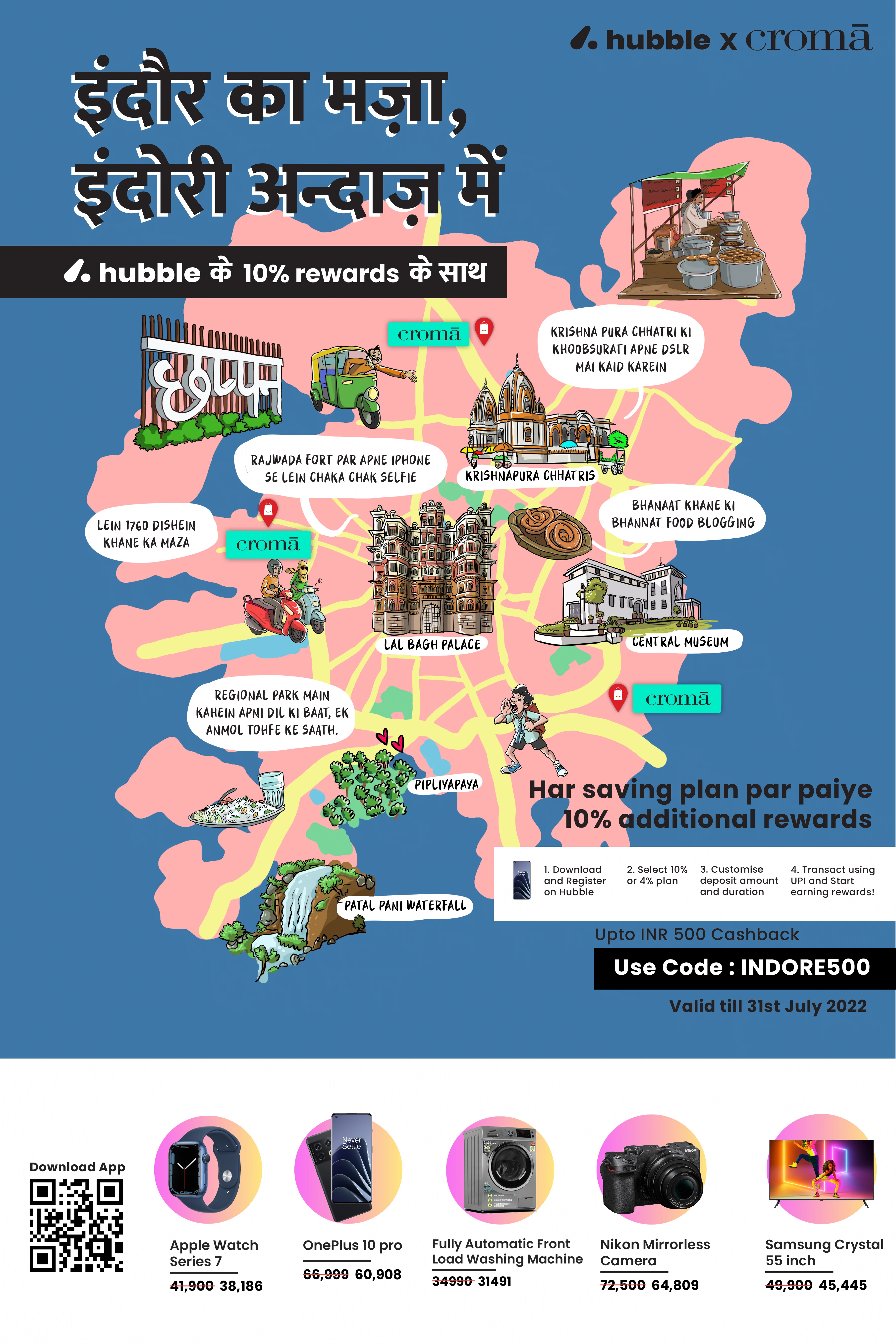 Hubble x Croma newspaper print ad — illustrated map of Indore with 10% rewards