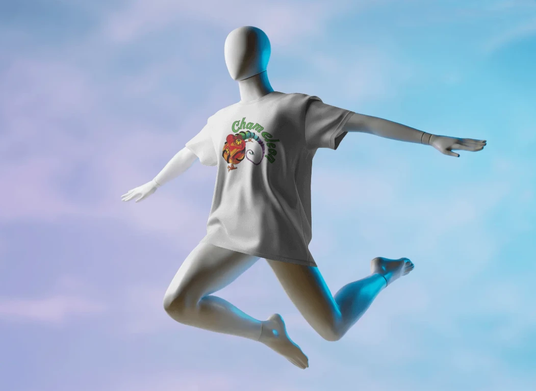 Cricket logo on 3D t-shirt render — mannequin jumping