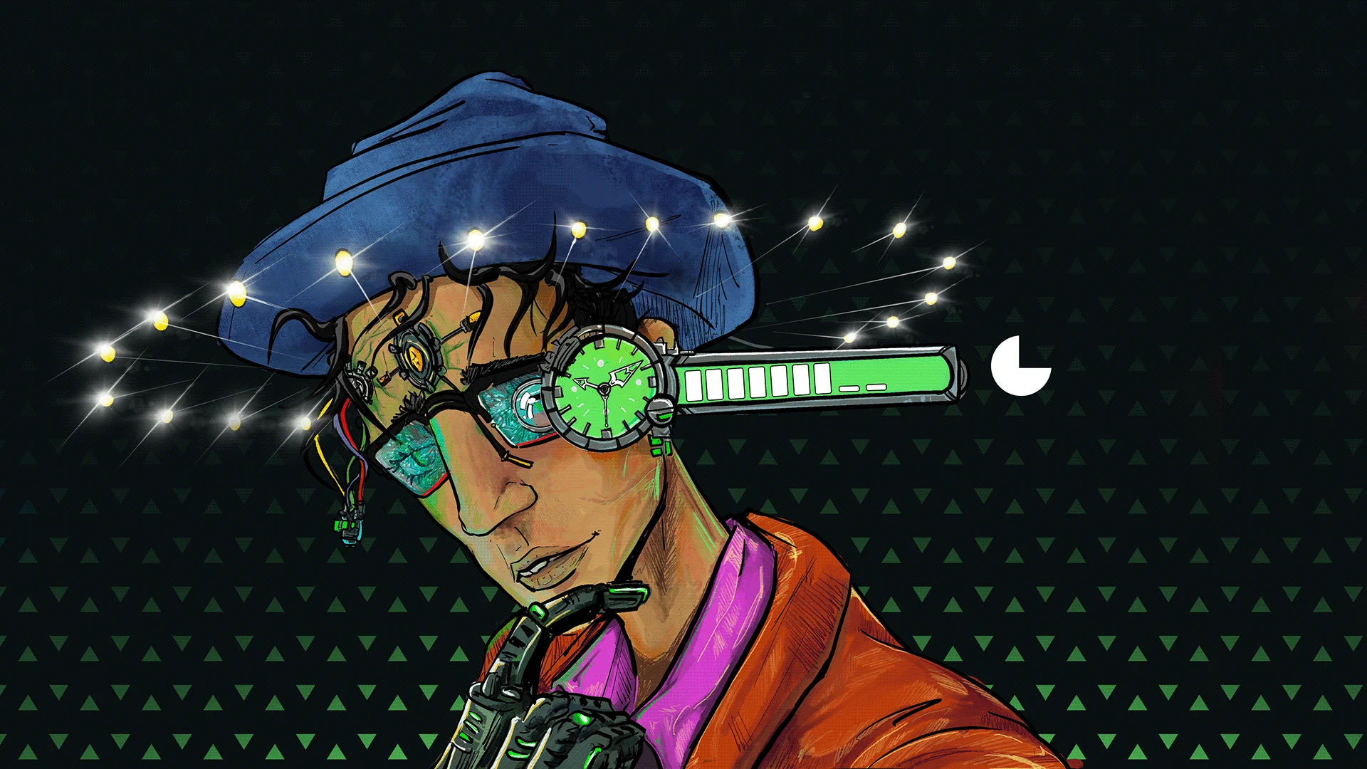 Time Traveler Charles — half-body cyberpunk portrait with clock goggle display