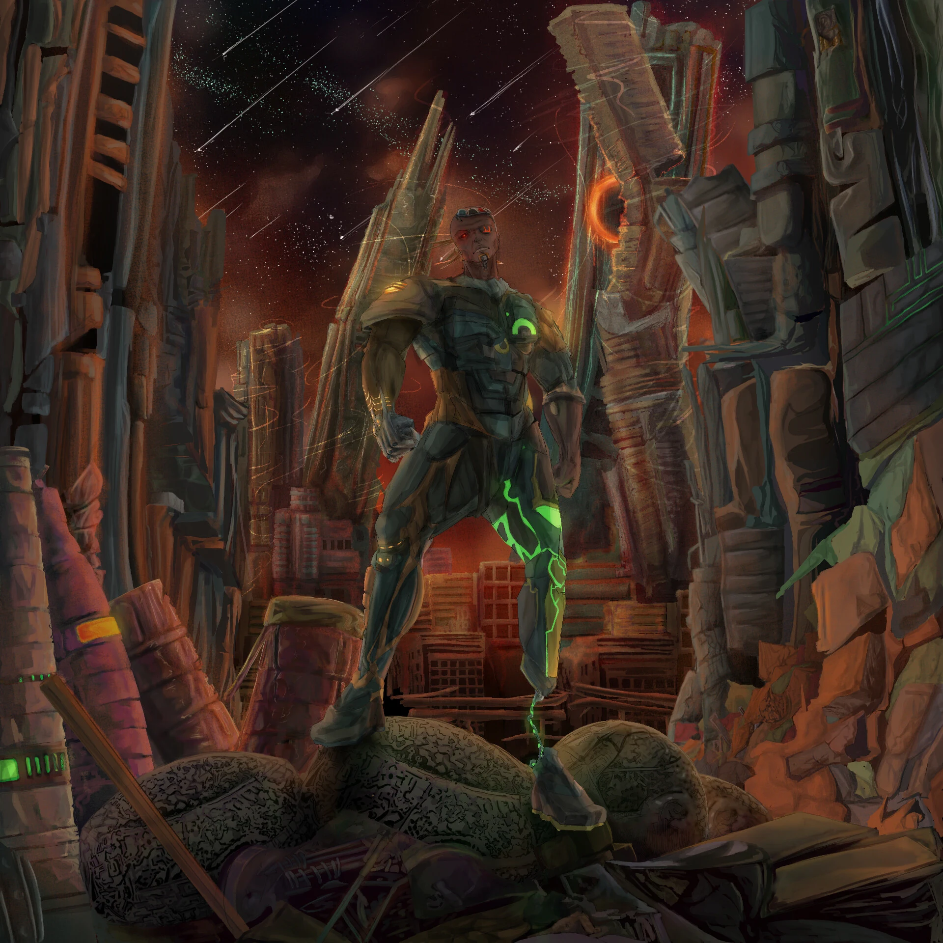 Niel — post-apocalyptic sci-fi warrior with glowing green armour in ruins