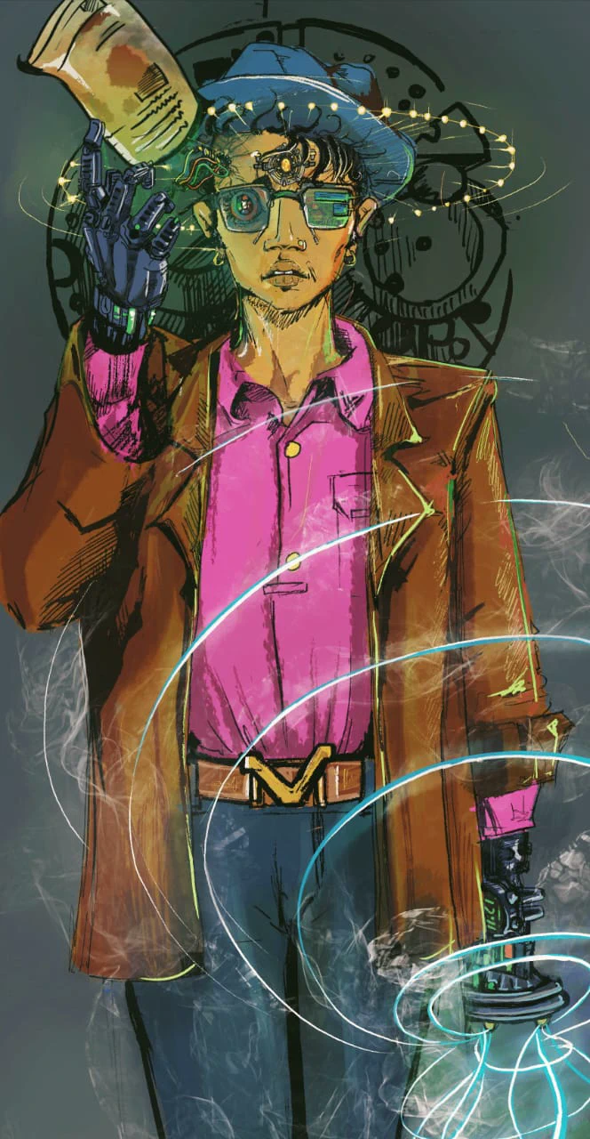 Time Traveler Charles — full character portrait with mechanical hand and time device
