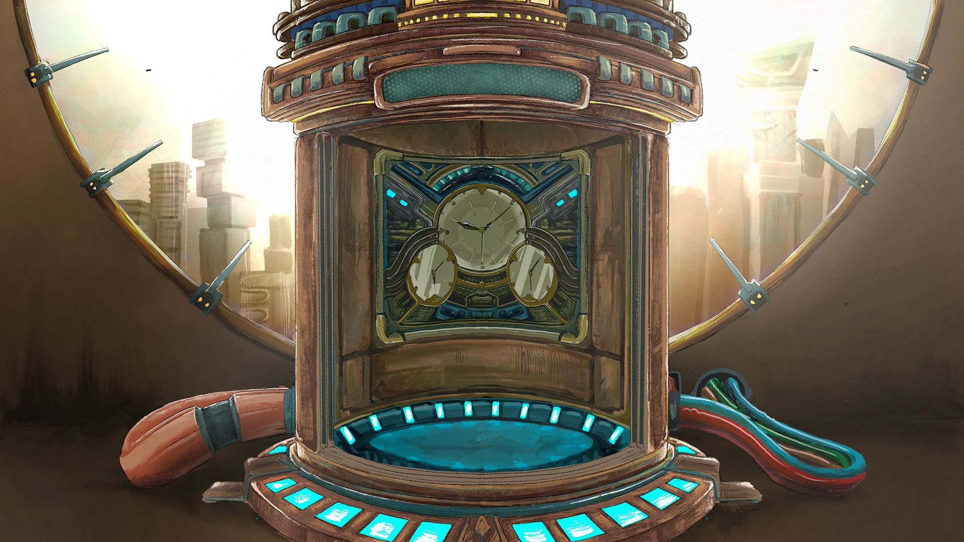 Time Traveler's Machine — steampunk clockwork device with gyroscopic rings and futuristic city backdrop