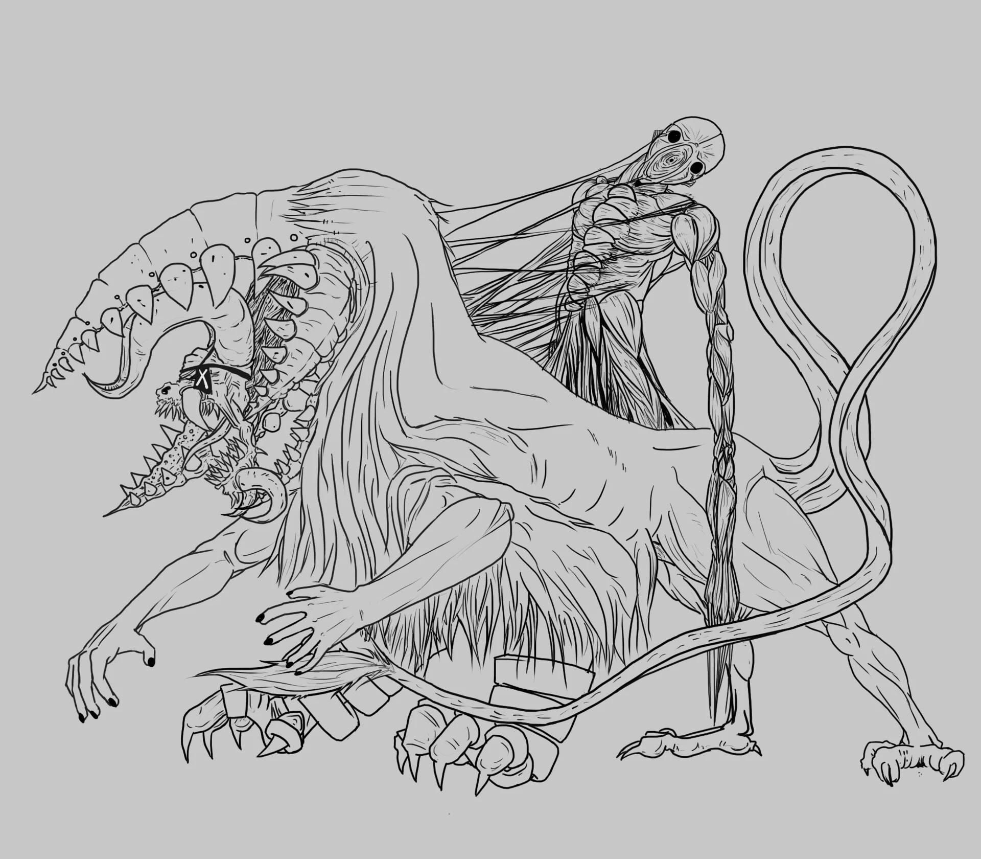Legends Escalation — detailed creature line art, beast body with elongated humanoid rider
