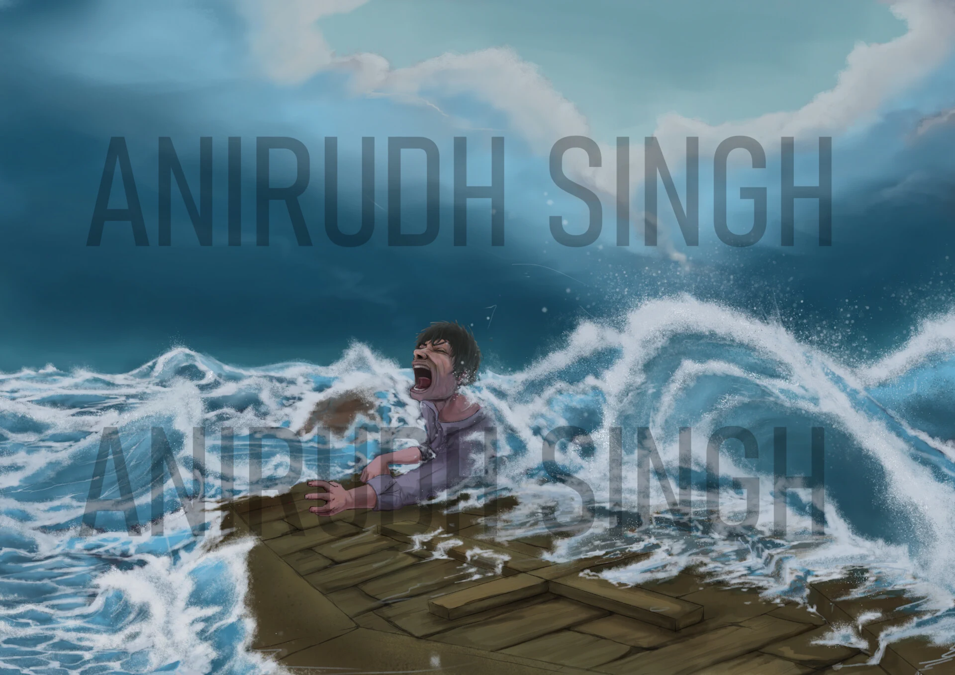 Ishmael — figure clinging to a raft in crashing ocean storm