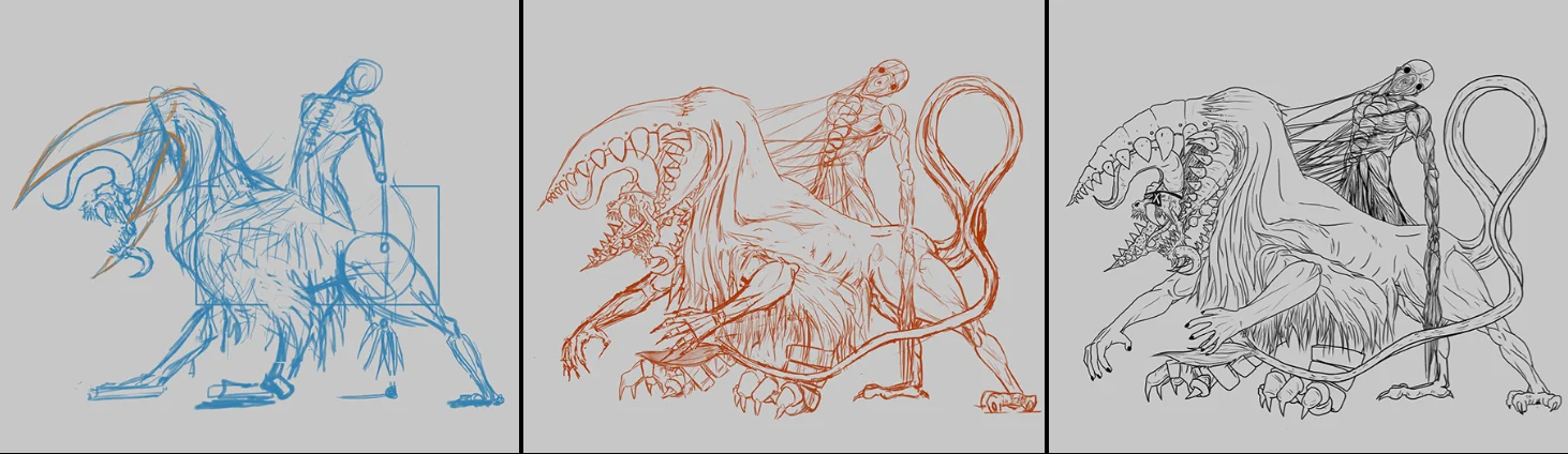 Legends Escalation — three-stage sketch process: blue wireframe, orange sketch, final ink