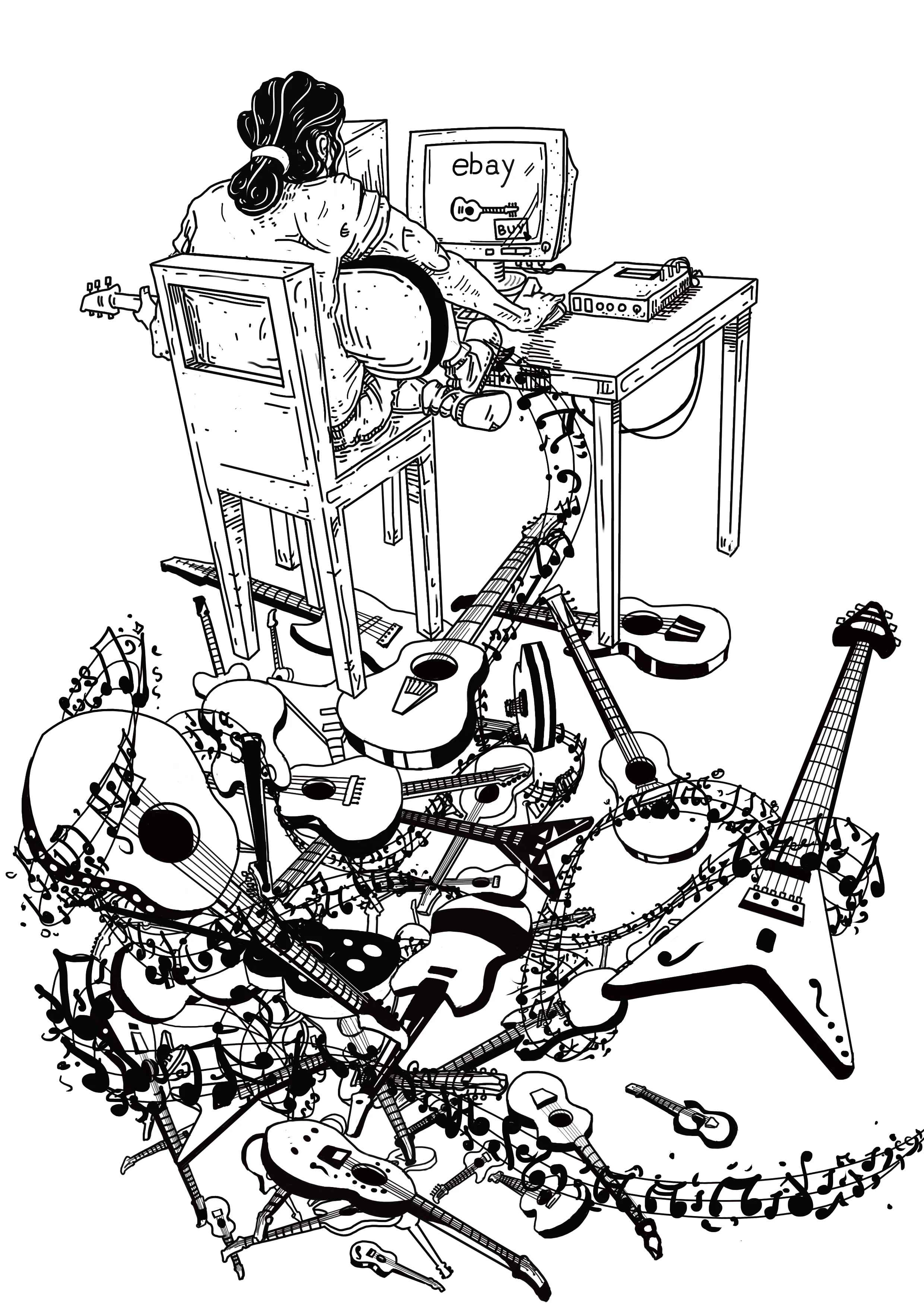 Guitarralex — black and white illustration of a musician buried under an avalanche of guitars