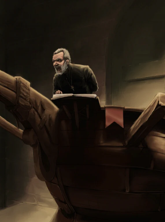 Priest on Ship — screaming preacher at a pulpit, dark dramatic portrait