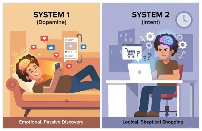 System 1 (Dopamine, Emotional Passive Discovery) vs System 2 (Intent, Logical Skeptical Shopping)